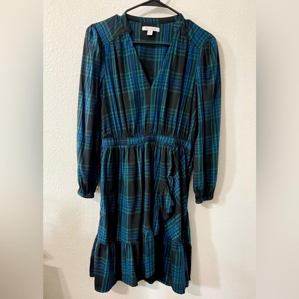 Free Assembly Tartan Ruffle V-Neck Dress | Blue & Green | Small - Picture 3 of 6